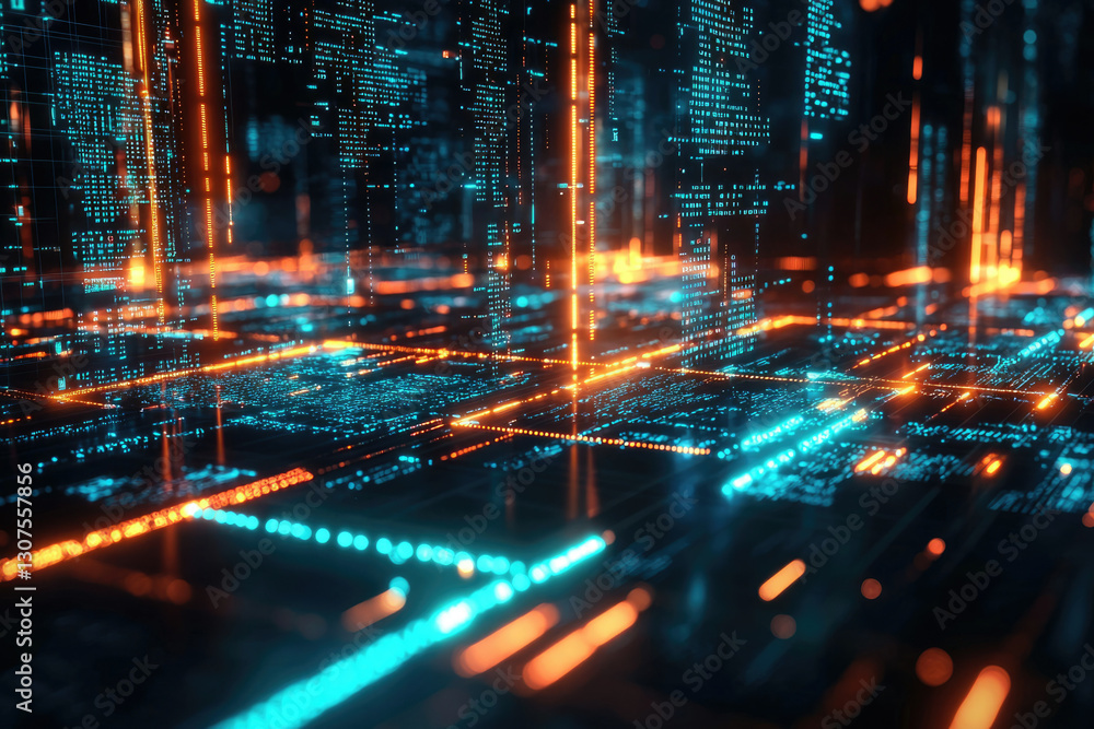 Poster Abstract digital landscape of glowing lines and data streams, visualizing complex information processing.