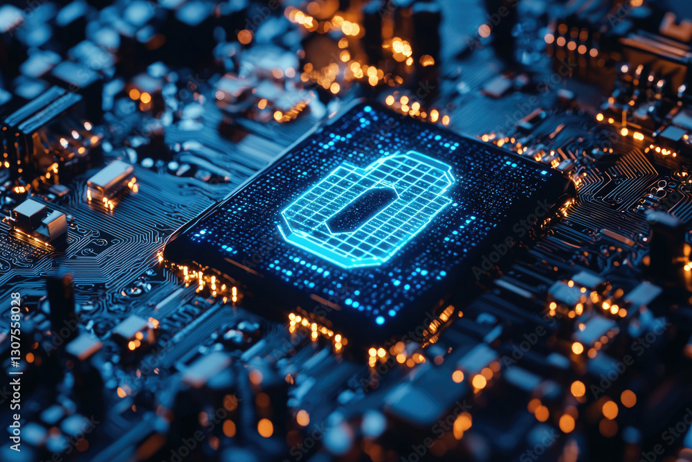Poster A glowing blue padlock icon is displayed on a circuit board, symbolizing digital security and data protection.