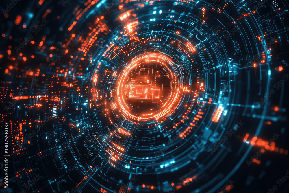 Poster Abstract digital tunnel with glowing neon lines and circuits, futuristic technology background.