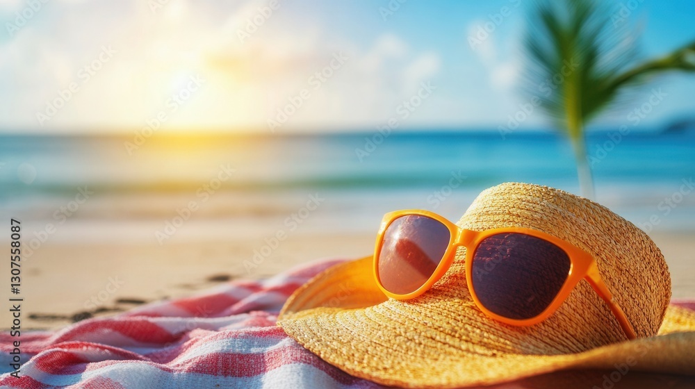 Aufkleber relaxing beach scene with sunglasses and straw hat during sunset by the ocean generative ai