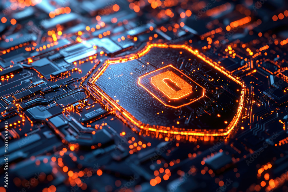 Poster cybersecurity concept: glowing padlock on a circuit board, symbolizing digital data protection and s