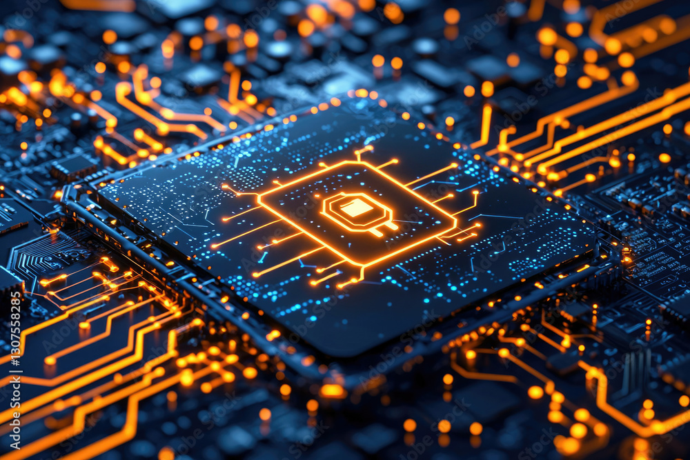 Poster close-up of a microchip's intricate circuitry glowing with orange and blue light, showcasing technol
