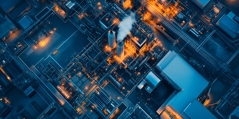 Aerial View of Industrial Factory with Smoke and Lights at Night, High-Tech Manufacturing Plant with Smoke and Lights from Above