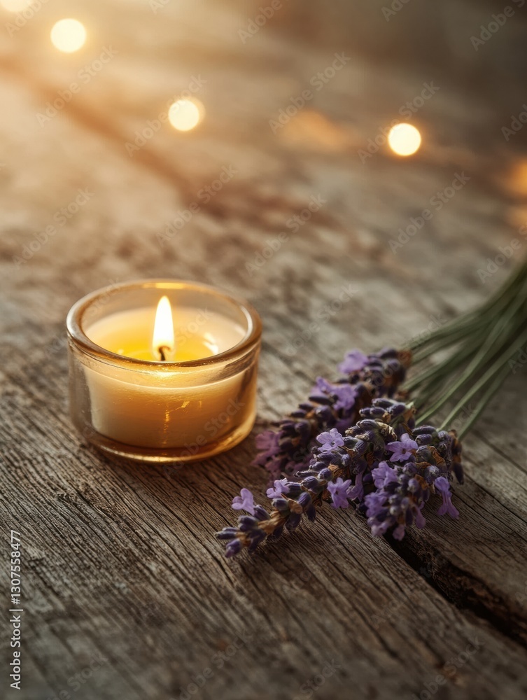 Aufkleber Calming lavender sprig and warm candle glow create a peaceful atmosphere on a rustic wooden surface Generative AI