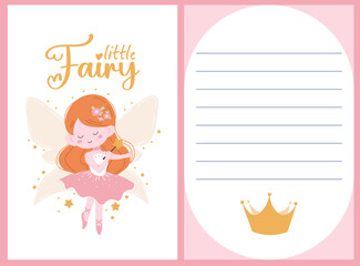 Little fairy template set. Cute princess fairy with orange hair with crown, beautiful wings and magic wand. Pink template for girls.