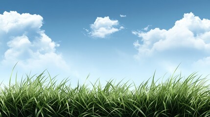 Fototapeta premium Bright green grass stretches across a tranquil field, set against a clear blue sky filled with soft white clouds on a sunny day