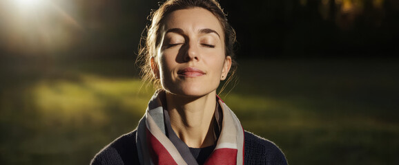 Fototapeta premium Woman meditating outdoors with a calm expression during golden hour