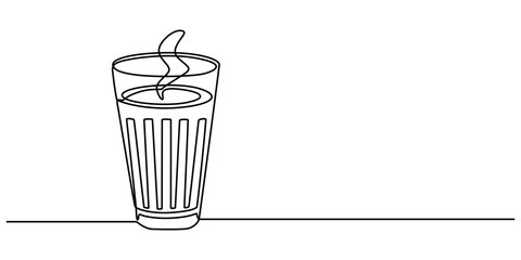 indian chai continuous one line drawing, Masala chai tea doodle drawing. Hand drawn cartoon glass of Indian tea with aromatic spices: cinnamon, cloves, anise and pepper. Vector illustration. tea glass