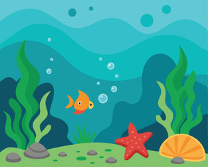 Minimalist Underwater Illustration with Oceanic Life
