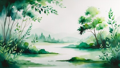 Serene watercolor landscape painting of a lush green forest with a tranquil river and misty hills