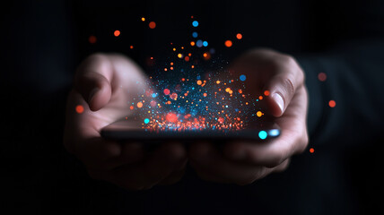 person holding smartphone with colorful particles emerging from screen, symbolizing digital innovation and creativity. vibrant colors create sense of excitement and wonder