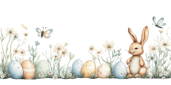 Sweet Bunny And Delicate Butterflies Among Pastel Easter Eggs: A Tranquil Springtime Watercolor Scene