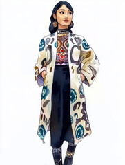 Watercolour illustration of a fashionable modern woman wearing ornamented clothes on a white background