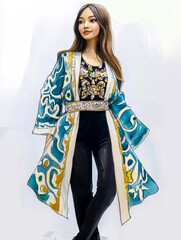 Watercolour illustration of a fashionable modern woman wearing ornamented clothes on a white background