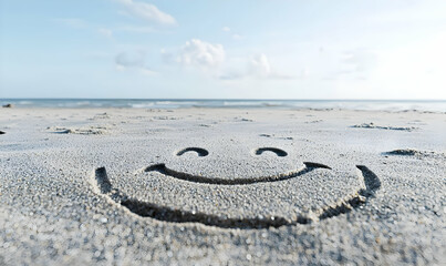 Obraz premium Sand Smile on Beach With Calm Sea and Clouds in Bright Daylight
