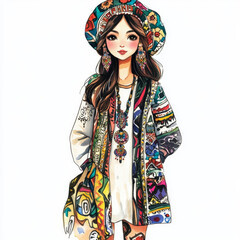 Watercolour illustration of a fashionable modern woman wearing ornamented clothes on a white background