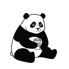 Funny Sleepy Panda with Coffee - Black and White Vector Cartoon
