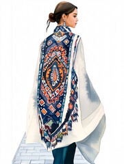 Watercolour illustration of a fashionable modern woman wearing ornamented clothes on a white background