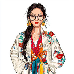 Watercolour illustration of a fashionable modern woman wearing ornamented clothes on a white background