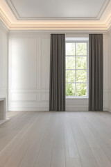 Fototapeta premium Modern empty room with large window and elegant curtains offering natural light