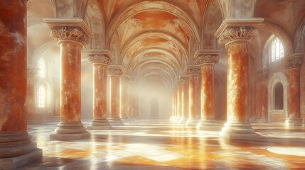 Fototapeta premium Golden sunlight illuminates majestic marble hall serene atmosphere. AI Generated