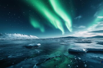 Naklejka premium Vivid northern lights illuminating a tranquil frozen landscape at night