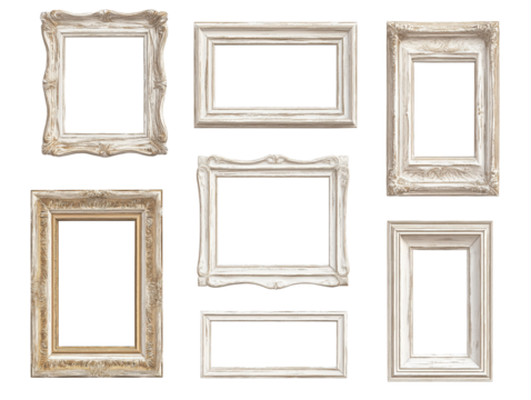 Four empty wooden picture frames with transparent background