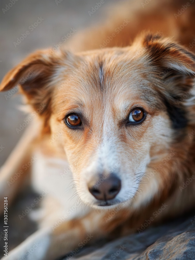 Poster Golden brown dog with expressive eyes resting on a rocky surface in natural light during the afternoon Generative AI
