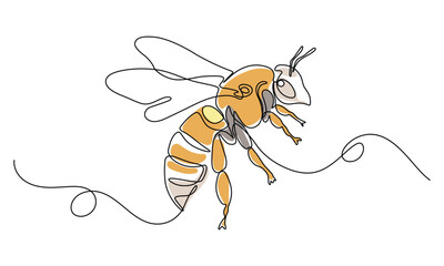 One continuous line drawing of honey bee. One line art. Simple linear style. Doodle vector illustration. Minimalist design. Isolated on a white background