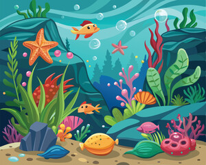 Beautiful Ocean Landscape with Coral Reef and Starfish
