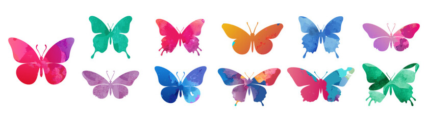 Butterfly collection. Watercolor illustration. Colorful Butterflies clipart set. Baby shower design elements. Party invitation, birthday celebration. Spring, summer decoration.