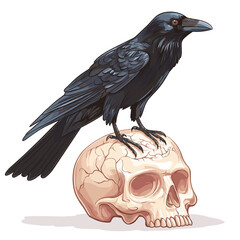 Fototapeta premium Black crow raven standing on a human skull. Vector illustration for Halloween. Witch magical totem animal, afterlife. Symbol of death, witchcraft, mysticism isolated on a white background