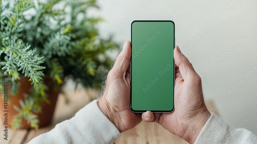 Poster person holding smartphone with blank screen, surrounded by greenery. image conveys sense of calm and