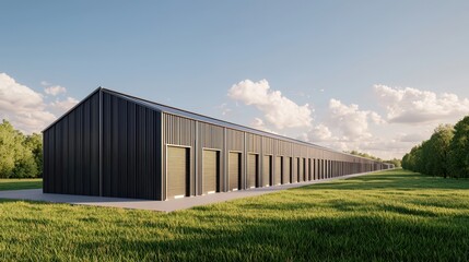 Obraz premium A modern storage facility surrounded by greenery, featuring a row of storage units under a clear sky.
