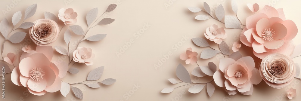 Poster delicate paper art background with pastel flowers and leaves for elegant design projects generative 