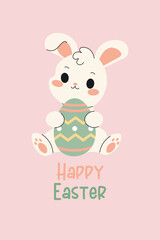Vector Happy Easter card. Cute white happy Bunny sitting with green egg on a pink background.