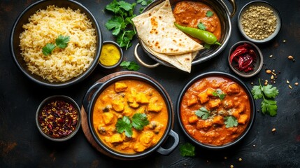 An enticing spread of Indian dishes featuring rich curries, fluffy rice, and soft bread served in elegant bowls. The vibrant colors and fresh herbs create an inviting atmosphere for sharing
