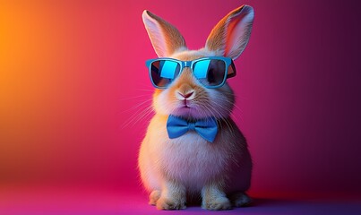 Stylish Rabbit Wearing Sunglasses and Bowtie Posing Against a Vibrant Background
