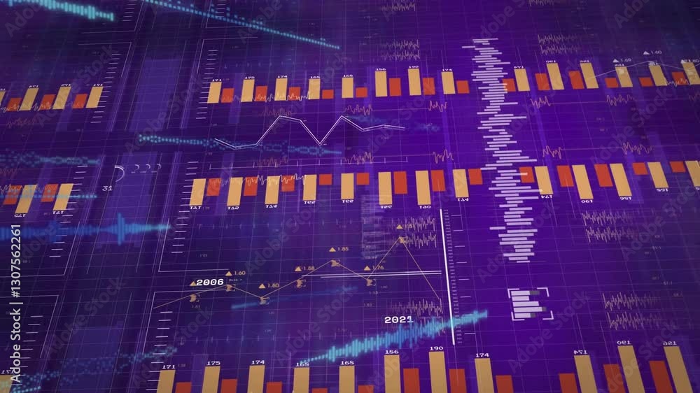 Poster displaying animation, bar graphs and line charts on purple digital background