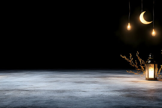 Festive Ramadan night scene with a lit lantern, crescent moon, and fairy lights on a dark background; ideal for greeting card or social media post