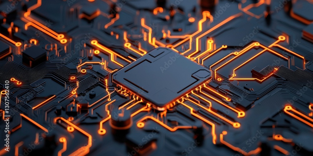 Poster info business startup automation concept. close-up of a circuit board with glowing orange connection