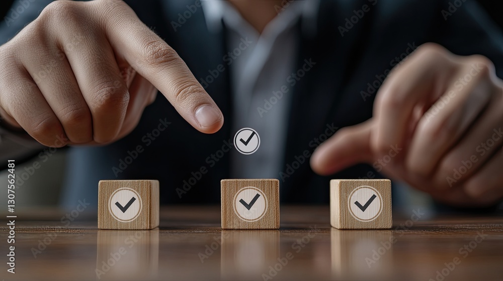 Poster businessman points at a checklist block highlighting quality assurance and customer service objectiv