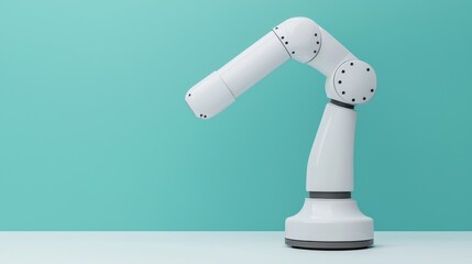 A modern robotic arm against a turquoise background, showcasing advanced technology and design in automation.