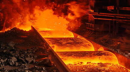 A steel mill with glowing molten metal flowing through industrial channels.