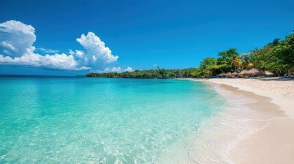 Fototapeta premium Idyllic tropical beach with turquoise water, white sand, and lush vegetation under a vibrant blue sky.