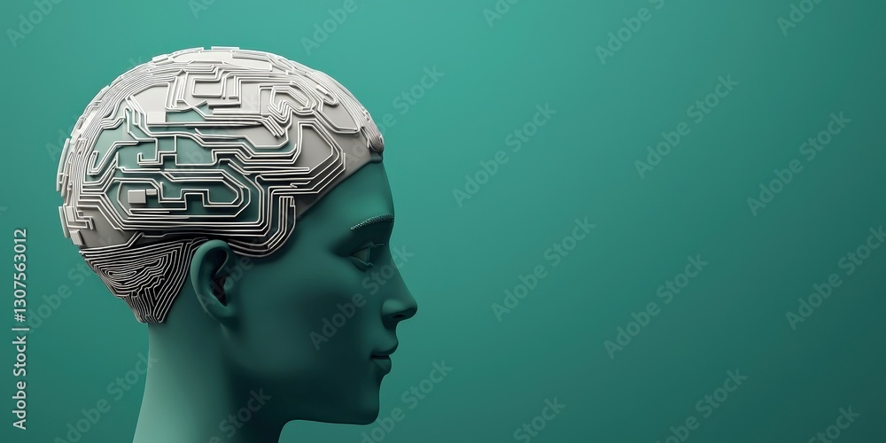 Aufkleber info business startup automation concept. artificial brain with circuitry against a teal background.
