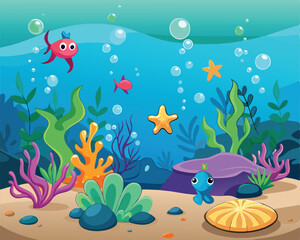 Obraz premium Beautiful 3D Ocean Landscape with Coral Reef and Starfish 