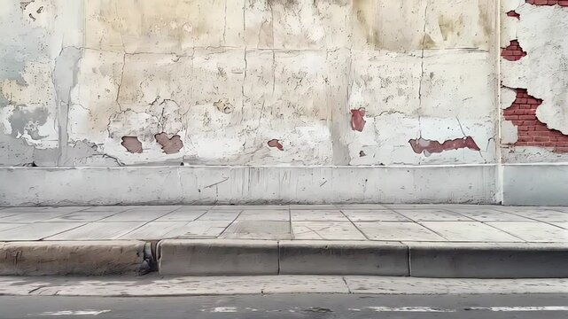 Aged plaster crumbling, revealing weathered red bricks underneath, surrounding neglected urban streetscape with architectural deterioration