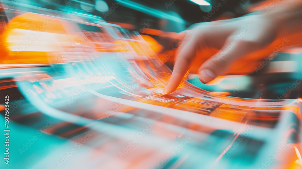 Poster hand interacting with futuristic touchscreen interface, showcasing vibrant colors and dynamic motion