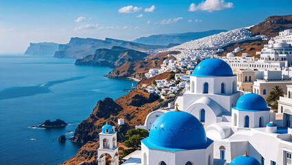 Naklejka premium Picturesque white village perched on cliff overlooking aegean sea in santorini, greece